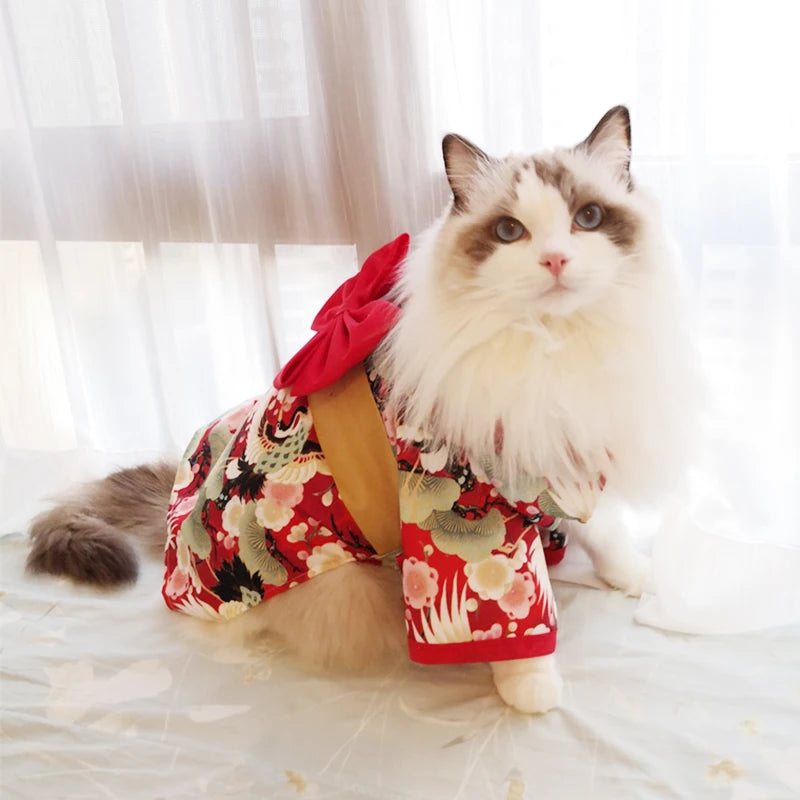 Japanese Style Kimono Coat for Cats & Small Dogs – Summer Pet Clothes with Bow-Knot