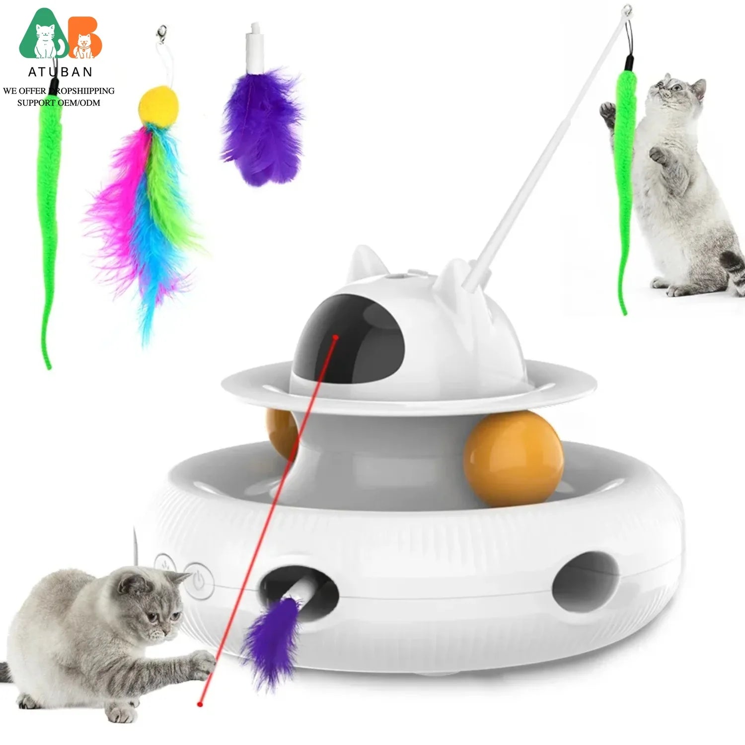 4-in-1 Interactive Cat Laser Toy with Feather & Track Ball – Automatic Smart Toy for Indoor Cats
