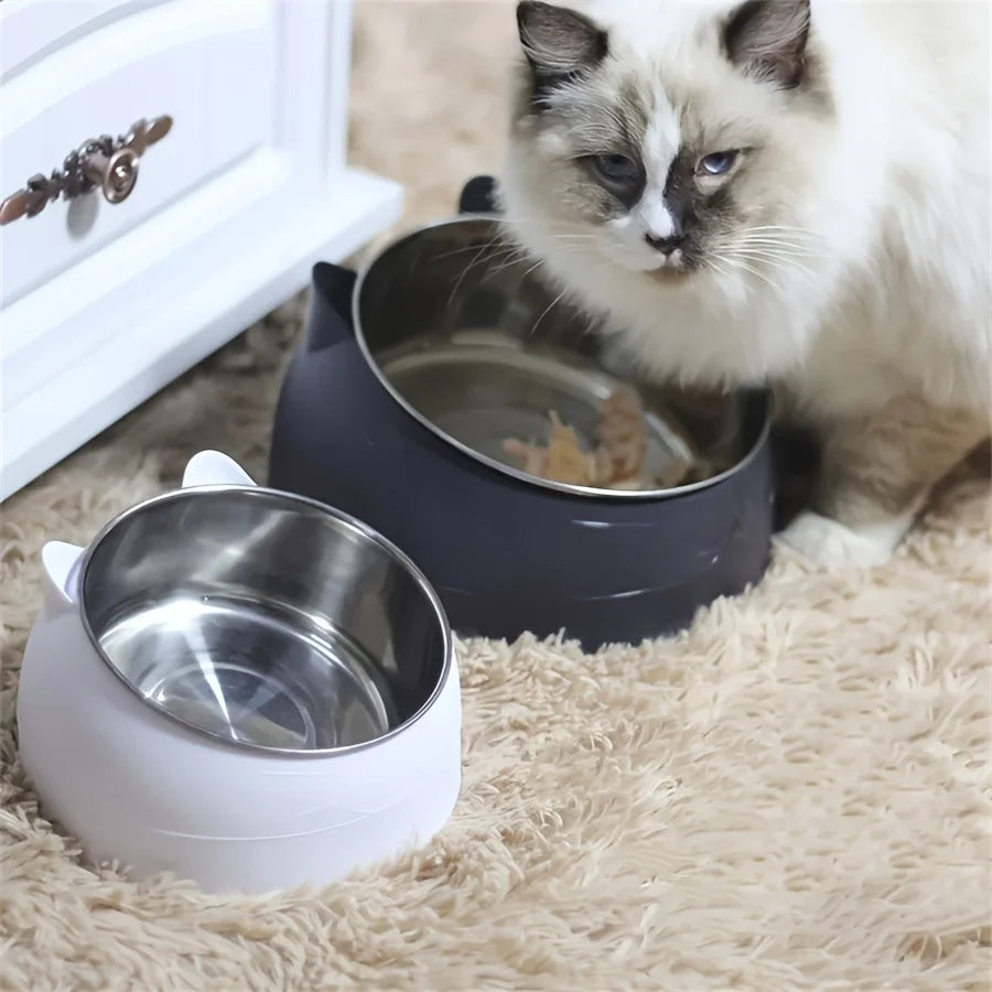 Elevated Cat Bowl Stainless Steel Inclined Food and Water Dish Neck Protection Design