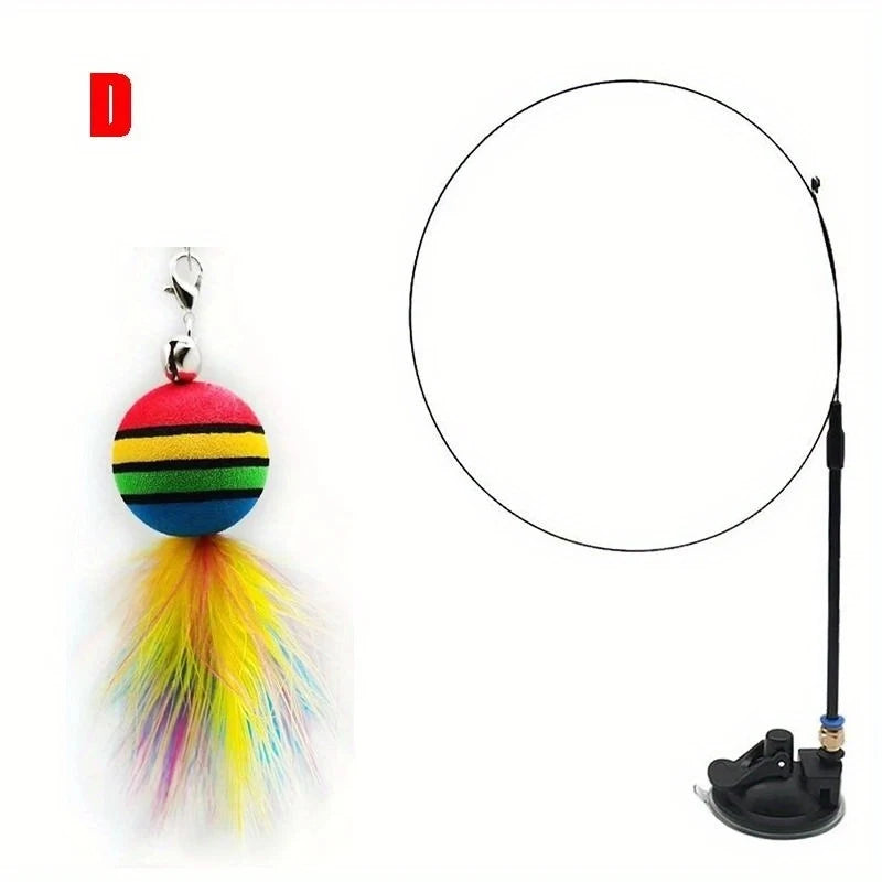 Interactive Cat Feather Wand Toy Set Suction Cup Replacement Feathers Fun Pet Toy