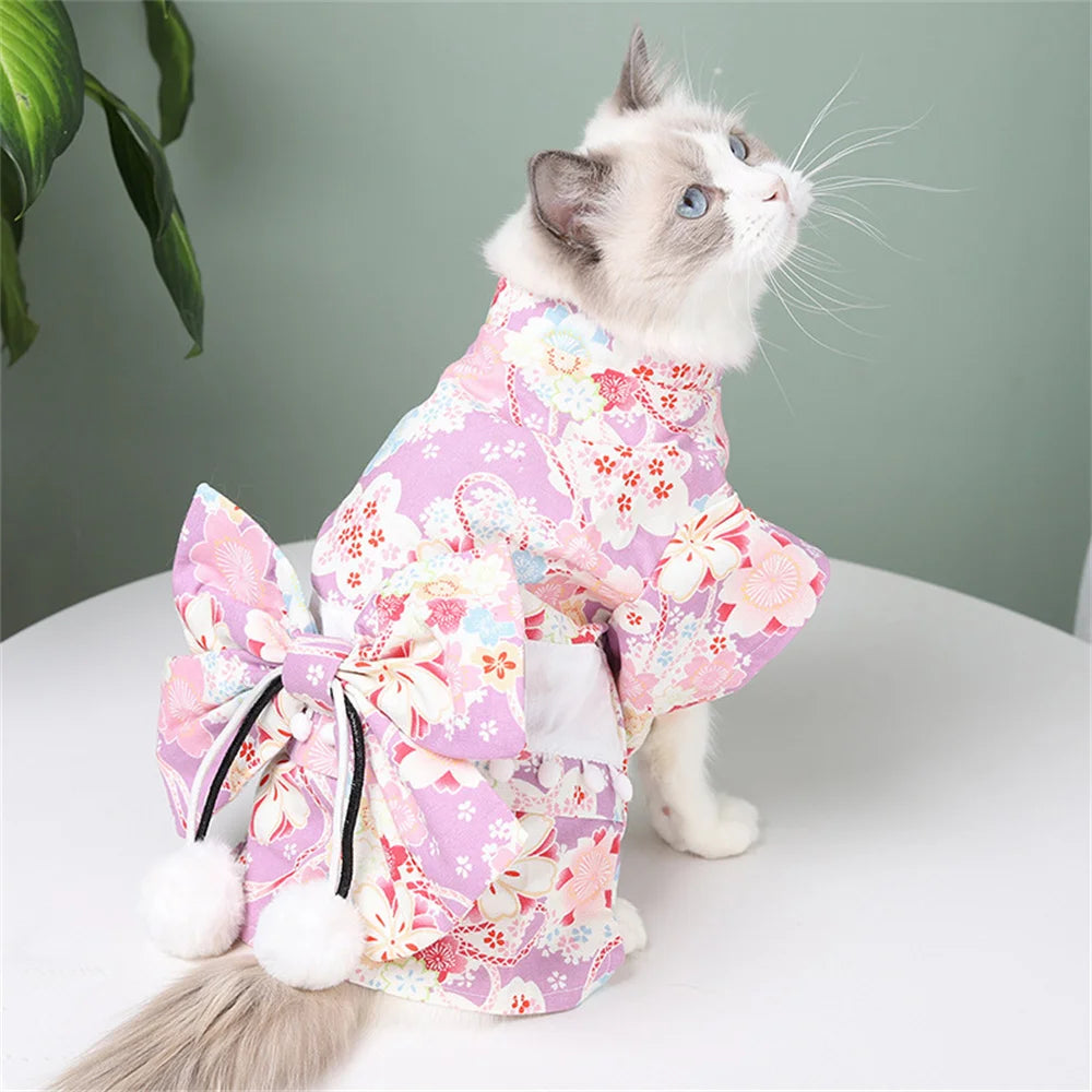 Japanese Style Kimono Coat for Cats & Small Dogs – Summer Pet Clothes with Bow-Knot