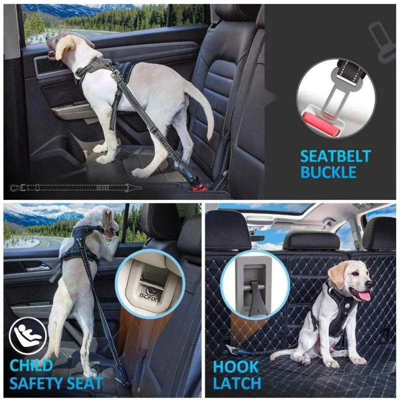 Adjustable Dog Car Seat Belt Reflective Safety Leash with Dual Clip Shock Absorbing Nylon