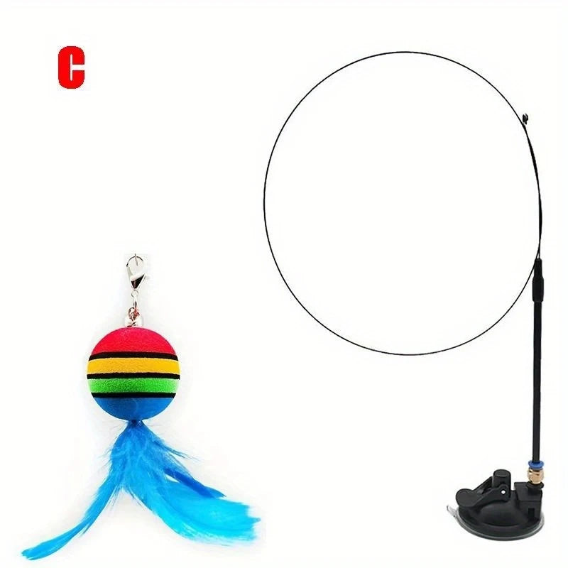 Interactive Feather Cat Wand Toy Suction Cup Base Replacement Heads Indoor Outdoor Play