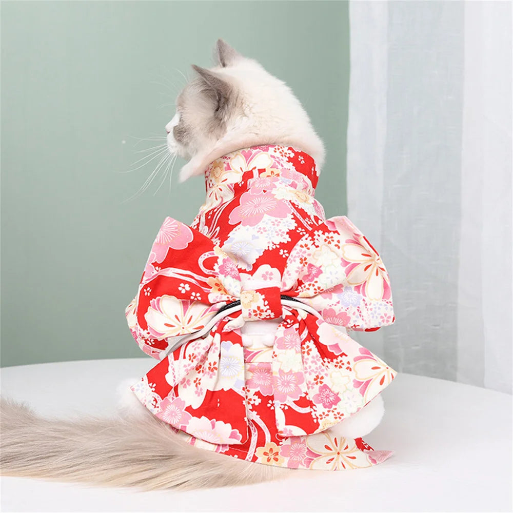 Japanese Style Kimono Coat for Cats & Small Dogs – Summer Pet Clothes with Bow-Knot