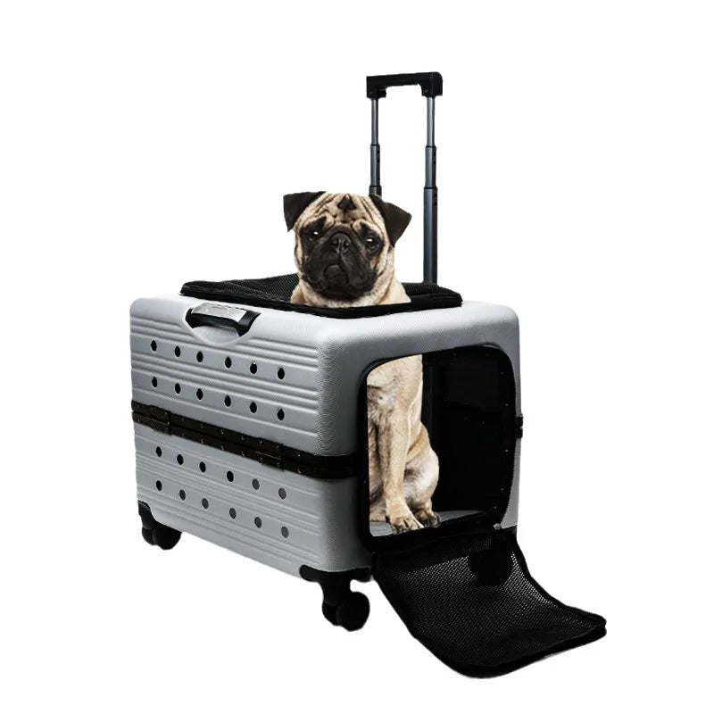 Large Transparent Pet Travel Suitcase with Wheels Portable Stroller Carrier for Cats and Dogs