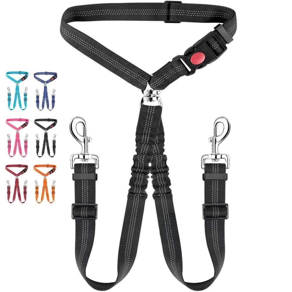 Adjustable Dual Dog Car Seat Belt Nylon Safety Lead Secure Pet Travel Harness