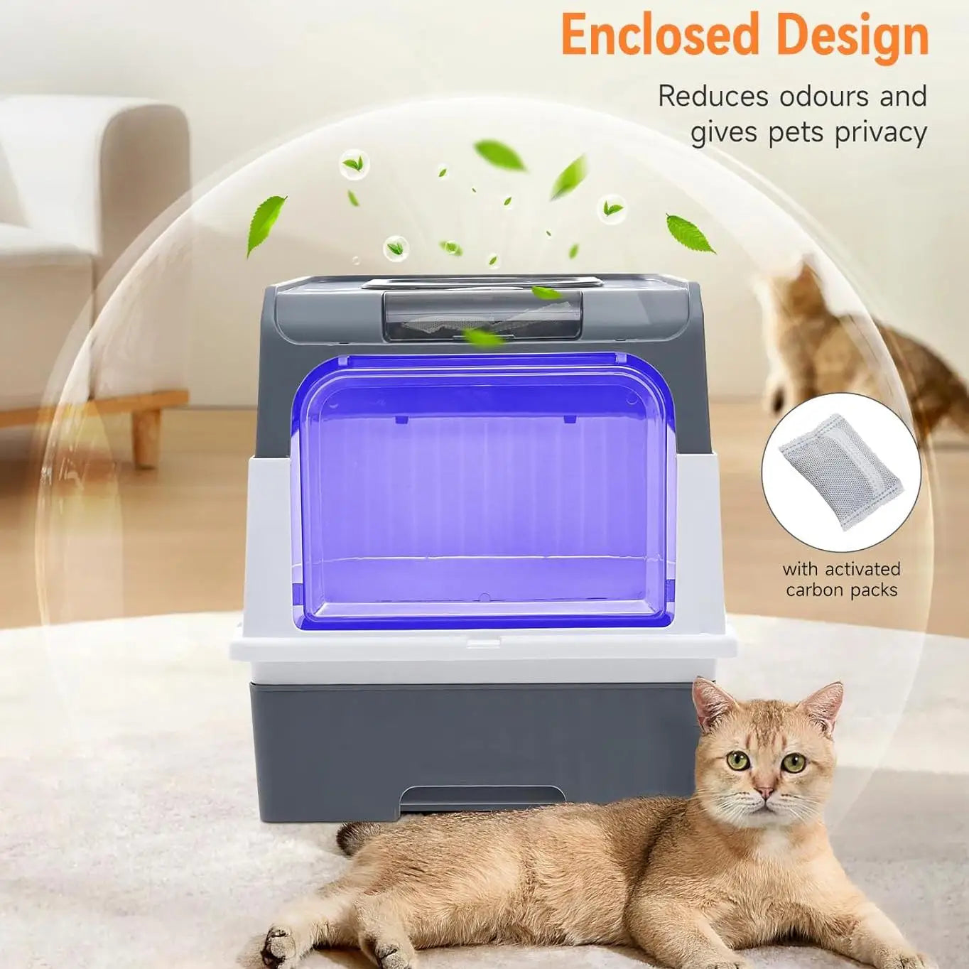 UV Sterilisation Cat Litter Box with Enclosed Design Odour Control Easy Clean Drawer Pink Grey