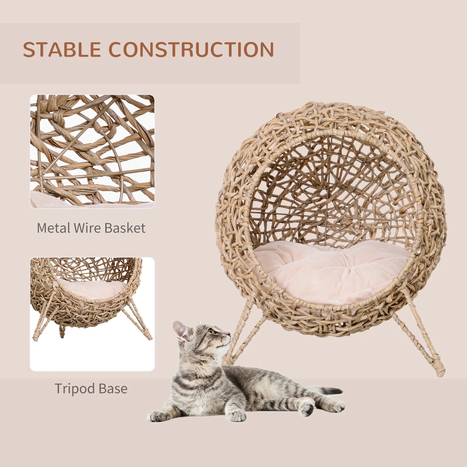 Rattan Cat House ,PawHut Wicker Cat Bed Pod with Cushion and Raised Stand