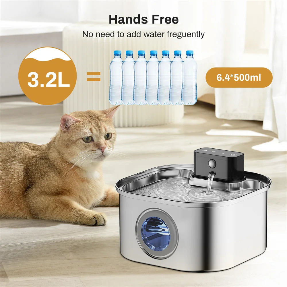 3.2L Smart Sensor Pet Water Fountain – Stainless Steel Automatic Cat & Dog Water Dispenser | Motion Activated, Quiet & Filtered