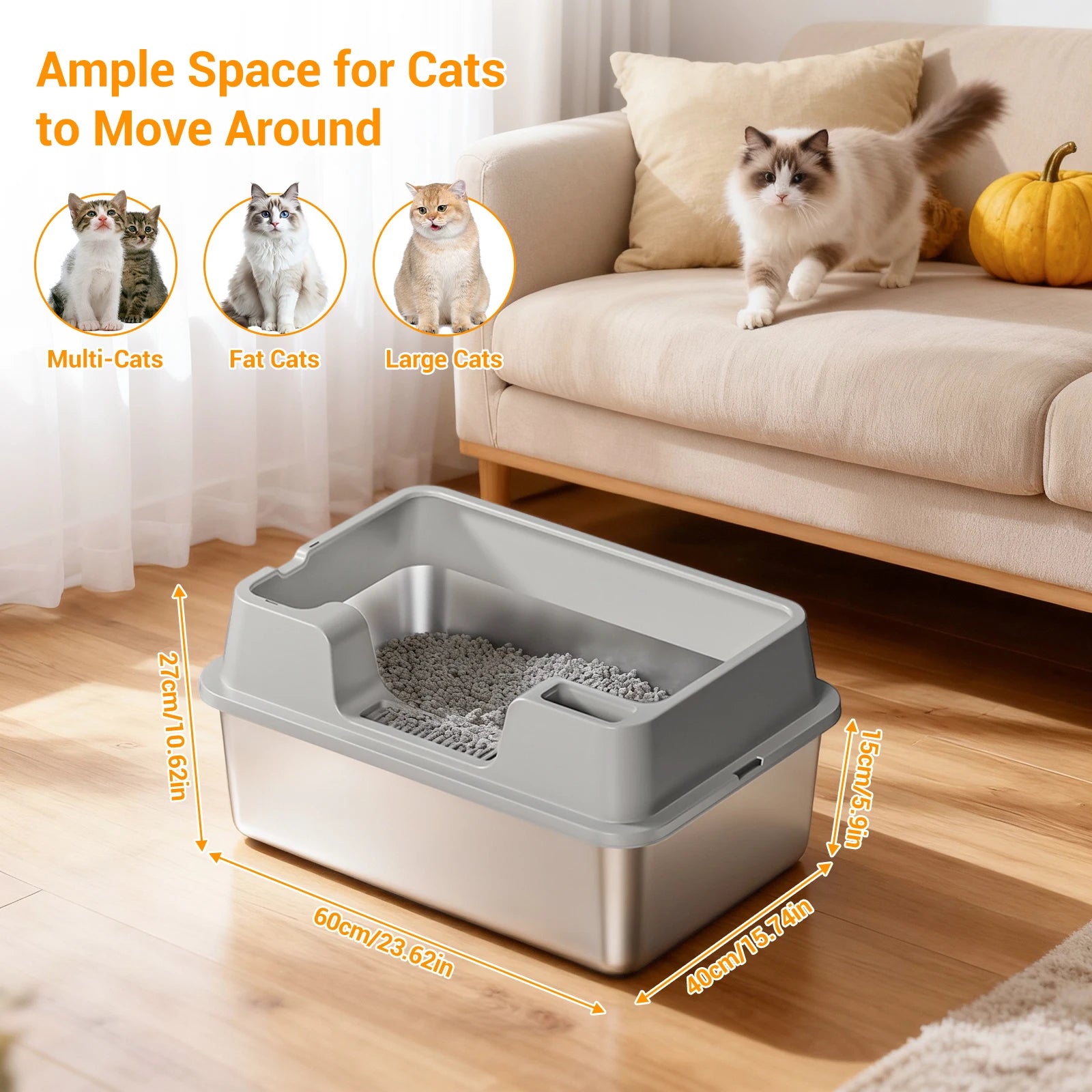 XXL Stainless Steel Cat Litter Box with Lid High Sides Anti Odor Easy Clean Metal Tray