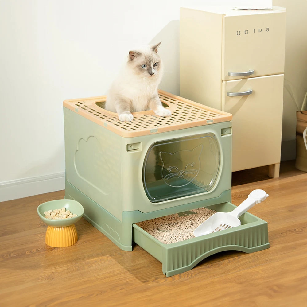 Foldable Cat Litter Box Enclosed Top Entry with Drawer Easy Clean and Anti Spill Design with Scoop