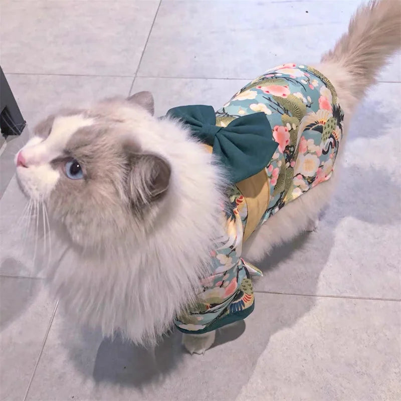 Japanese Style Kimono Coat for Cats & Small Dogs – Summer Pet Clothes with Bow-Knot