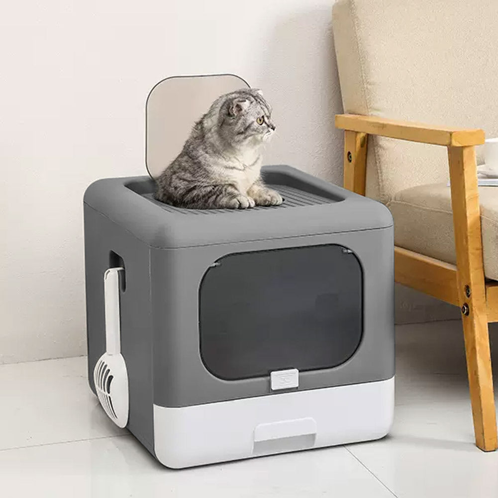 “Foldable Hooded Cat Litter Box with Top Entry — Large Anti-Odor Tray, Easy-Clean Pull-Out Drawer & Scoop Included (Grey)”