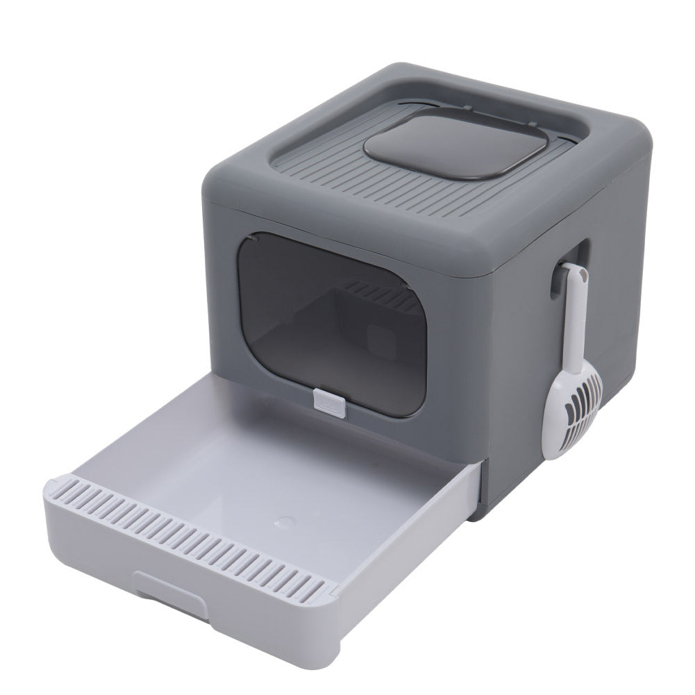 “Foldable Hooded Cat Litter Box with Top Entry — Large Anti-Odor Tray, Easy-Clean Pull-Out Drawer & Scoop Included (Grey)”