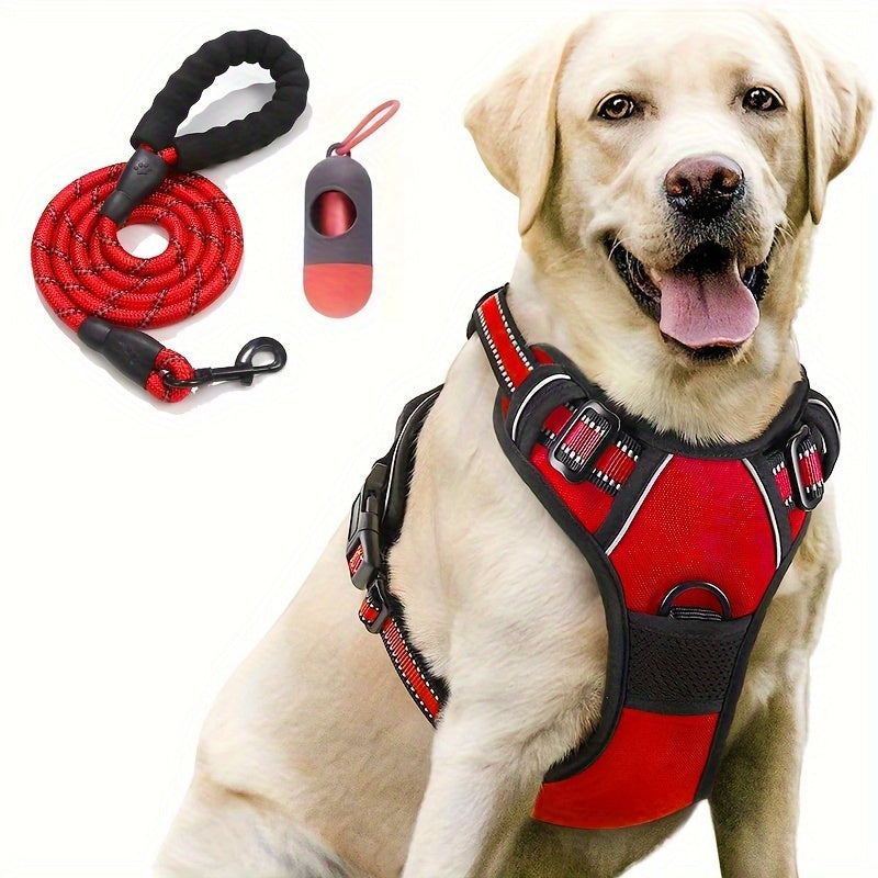 Reflective Dog Harness Set Adjustable No Pull Harness with Leash and Poop Bag Dispenser
