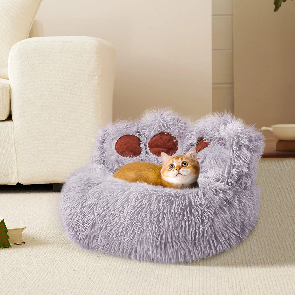Bear Paw Shaped Calming Bed – Warm, Comfortable Sleeping Sofa for Pets (Grey, 60cm)