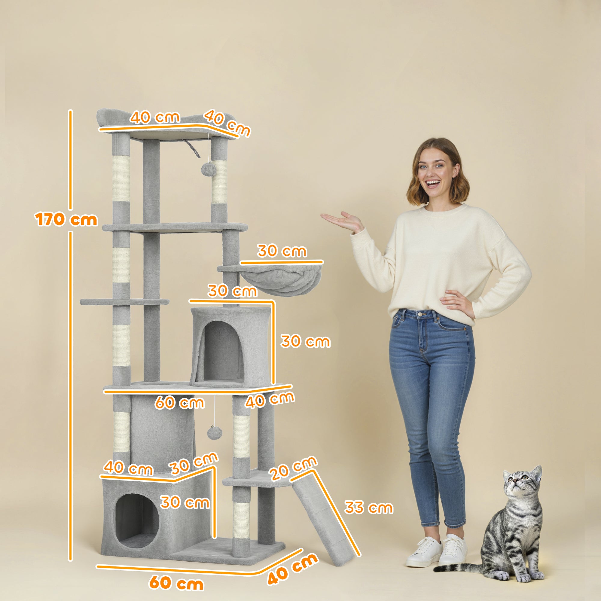 SkyHaven Premium Cat Tree with Hammock, Hideouts & Scratching Posts – 170 cm