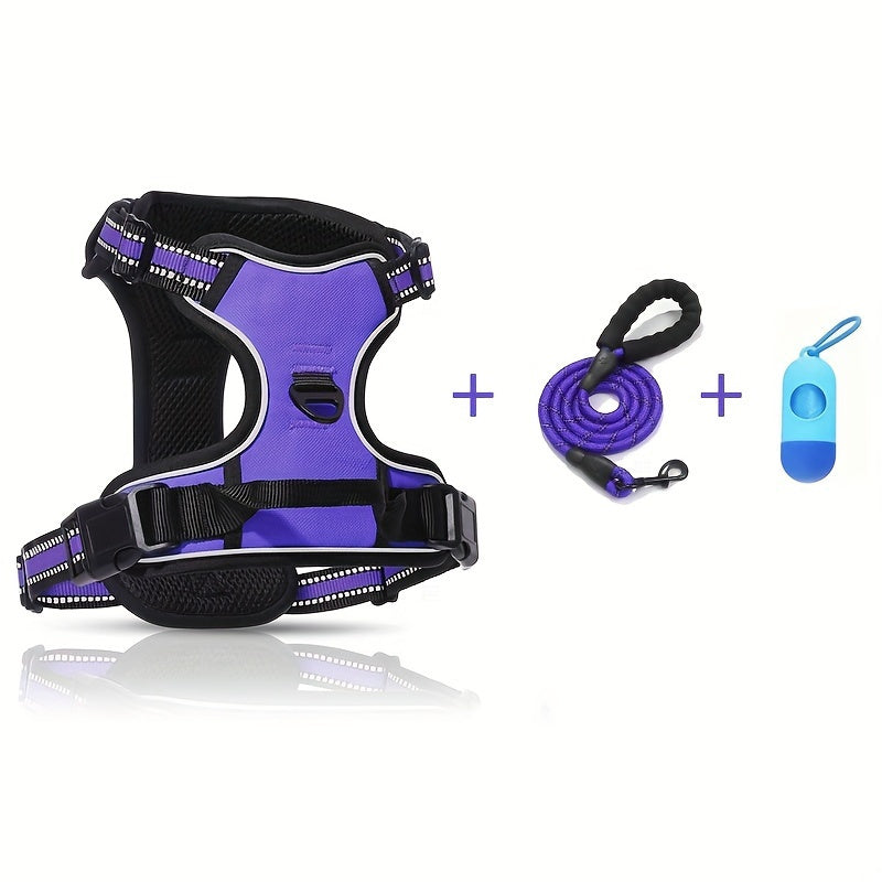 Reflective Dog Harness Set Adjustable No Pull Harness with Leash and Poop Bag Dispenser
